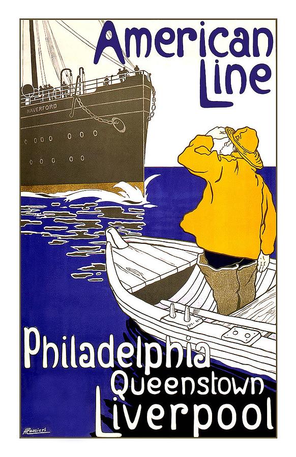American Line - Philadelphia, Queenstown, Liverpool - Retro Travel Poster - Vintage Poster Mixed Media