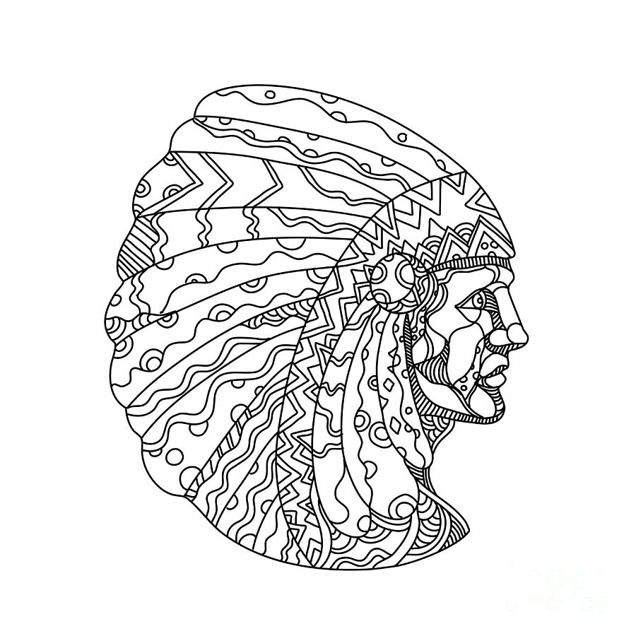 Black And White Digital Art - American Plains Indian with War Bonnet Doodle by Aloysius Patrimonio