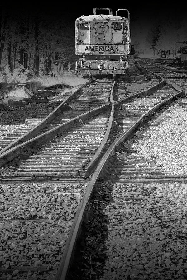 American Railroad Crane on the Tracks in Infrared Black and White Photograph by Randall Nyhof