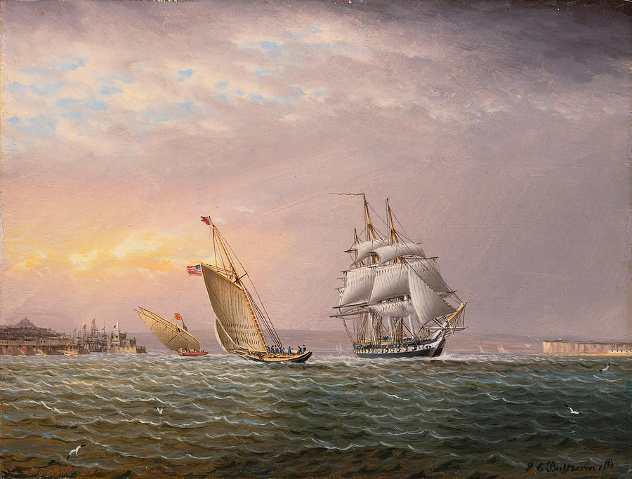 American Ship in the Tagus River off Belem Tower Painting by James Edward Buttersworth