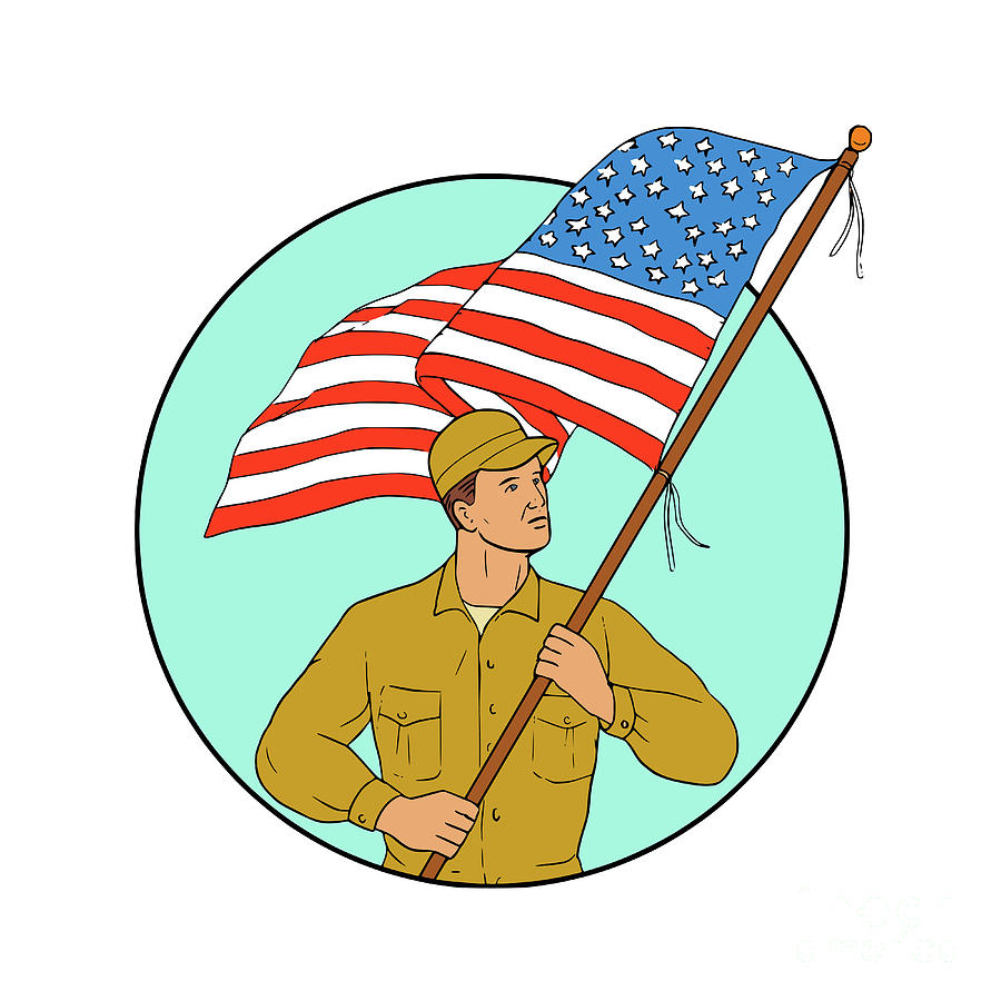 American Soldier Waving USA Flag Circle Drawing Digital