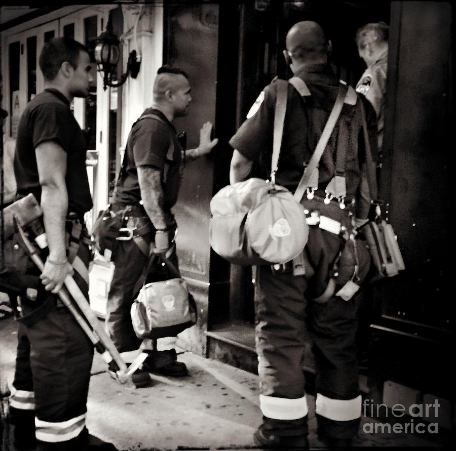 Black And White Photograph - Americas Bravest - N Y C  Firefighters on the Job by Miriam Danar