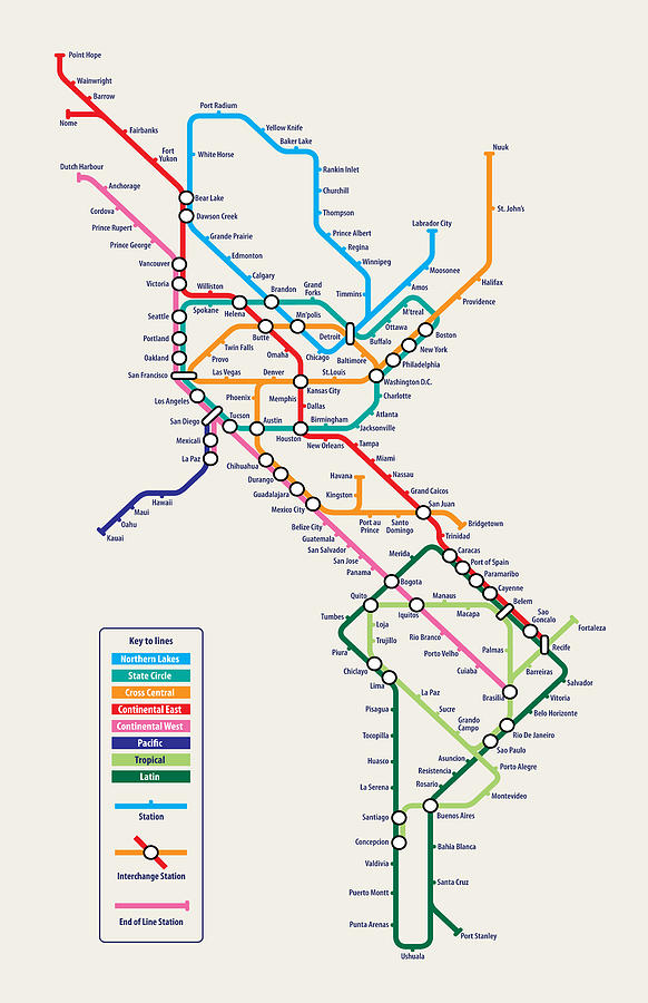 Americas Metro Map Digital Art by Michael Tompsett