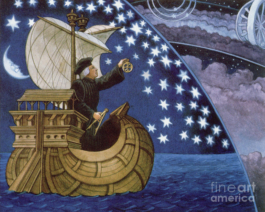Amerigo Vespucci navigating by the stars on his 3rd voyage Painting by French School
