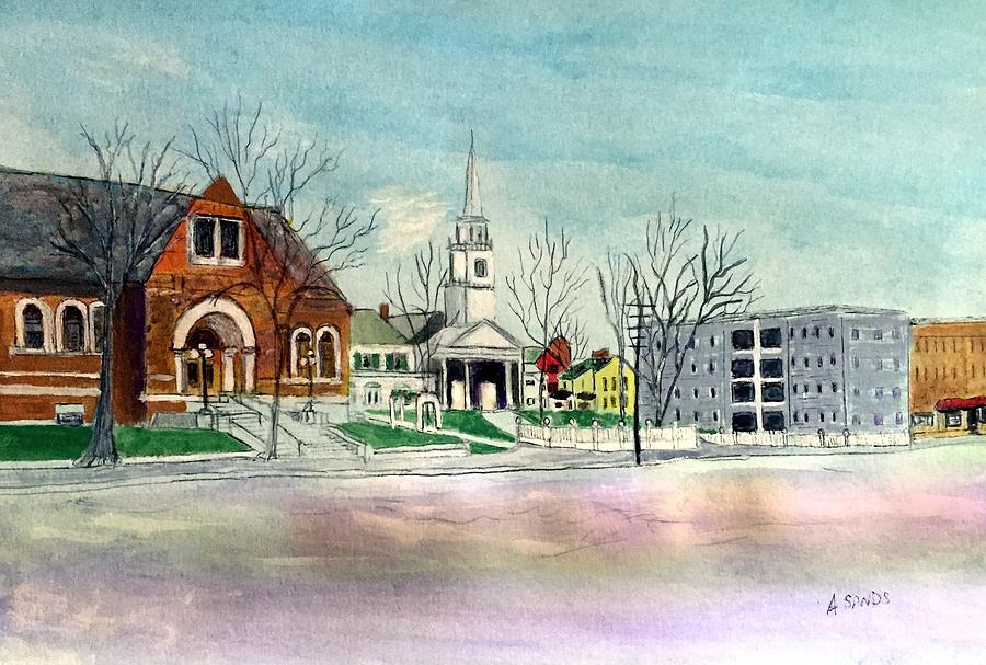 Amesbury Public Library circa 1920 Painting by Anne Sands
