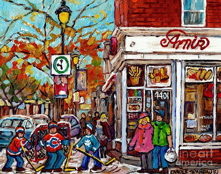 Amir Rue Wellington Verdun Restaurant Painting Hockey Art Canadian City Scene Carole Spandau         Painting by Carole Spandau