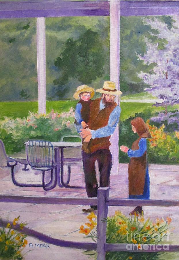 Flower Painting - Amish at the AMTRAK station by Barbara Moak