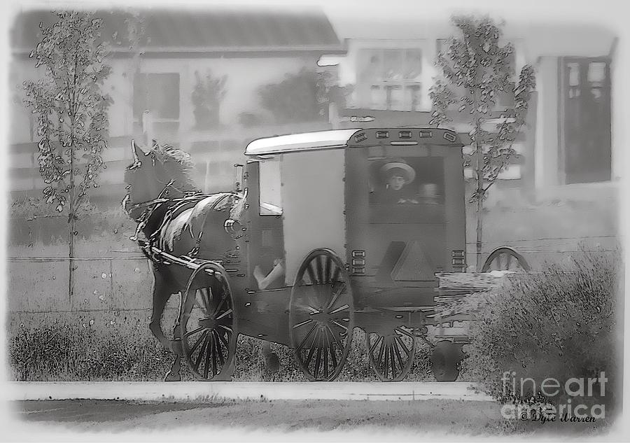 An Amish Buggy Ride b/w - Old Philadelphia Pike- Lancaster Pa. Photograph by Dyle Warren