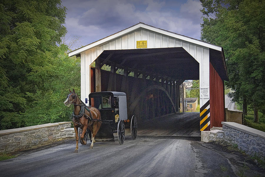 Landscape Photograph - Amish Buggy with covered bridge by Randall Nyhof