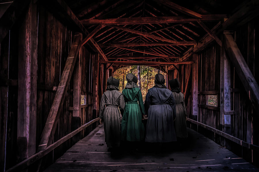 Amish Girls in Covered Bridge Photograph by Tom Mc Nemar
