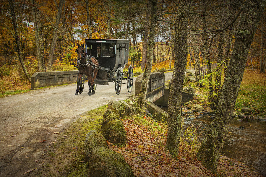 Amish Horse and Buggy crossing a Bridge Photograph by Randall Nyhof