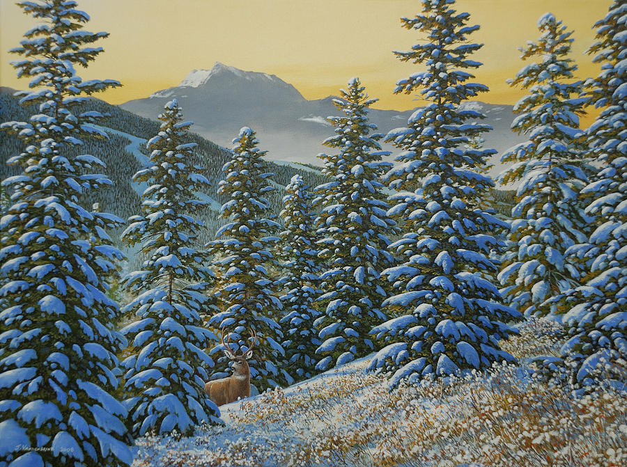 Among Snow Covered Boughs Painting by Jake Vandenbrink