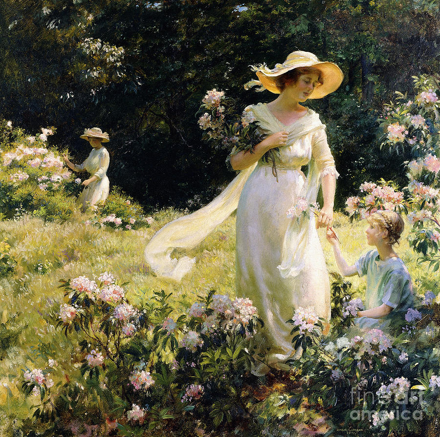 Blossom Painting - Among The Laurel Blossoms by Charles Courtney Curran Blossom Painting - Among The Laurel Blossoms by Charles Courtney Curran