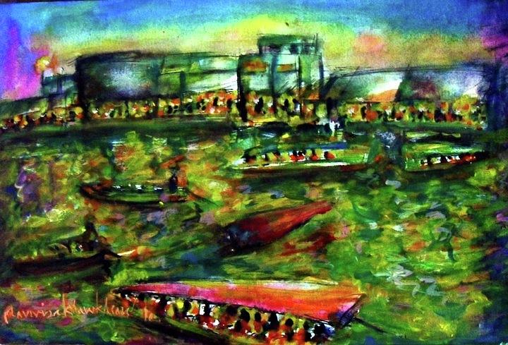 Ampawa night river market Painting by Wanvisa Klawklean