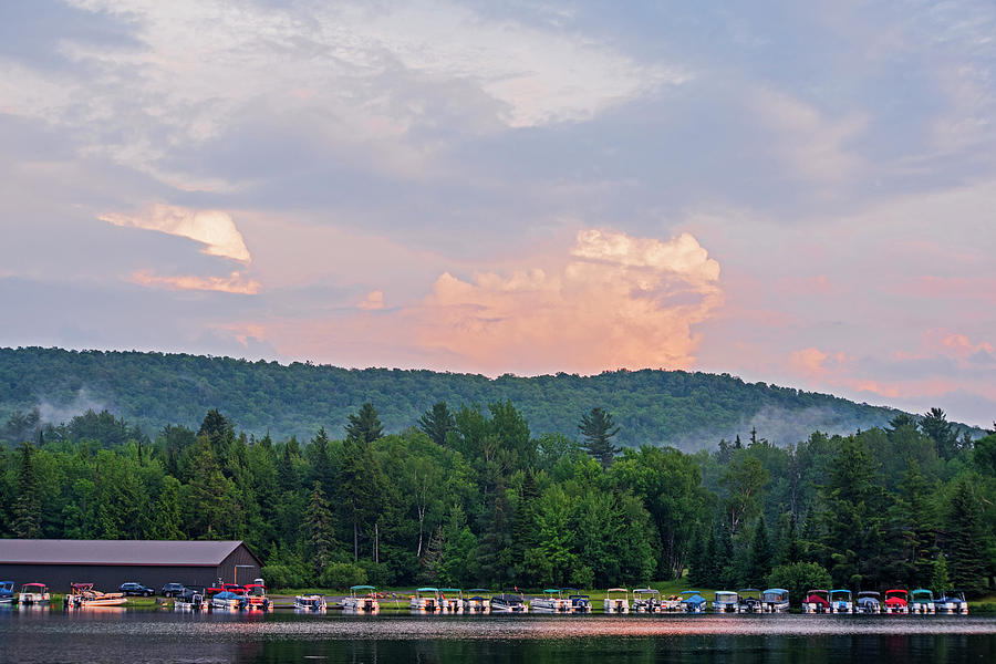 Ampersand Bay Sunset over the Boats Saranac Lake New York Photograph by Toby McGuire