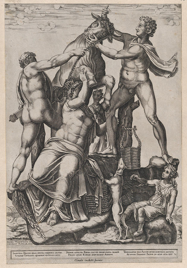 Amphion and Zethus Tying Dirce to a Wild Bull Drawing by Diana Scultori