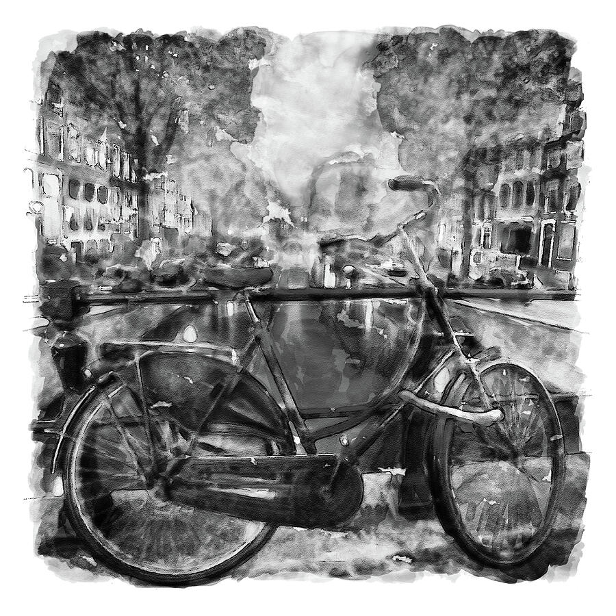 Amsterdam Bicycle Black and White Painting by Marian Voicu