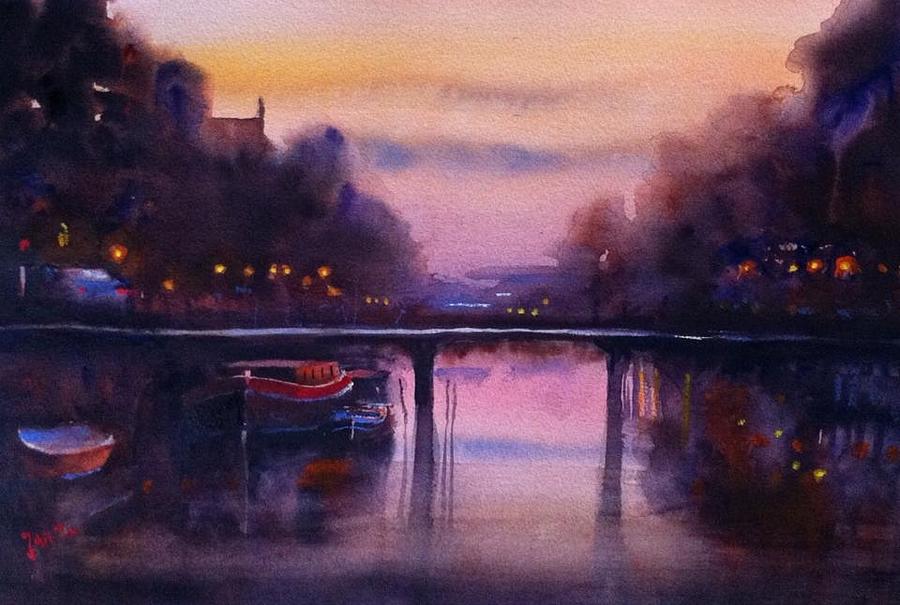 Boat Painting - Amsterdam canal  at night by Jan Min