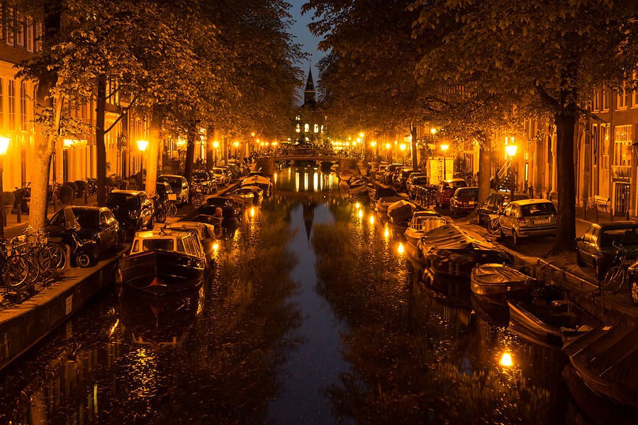 Amsterdam Canal in Golden Yellow Photograph by Georgia Mizuleva