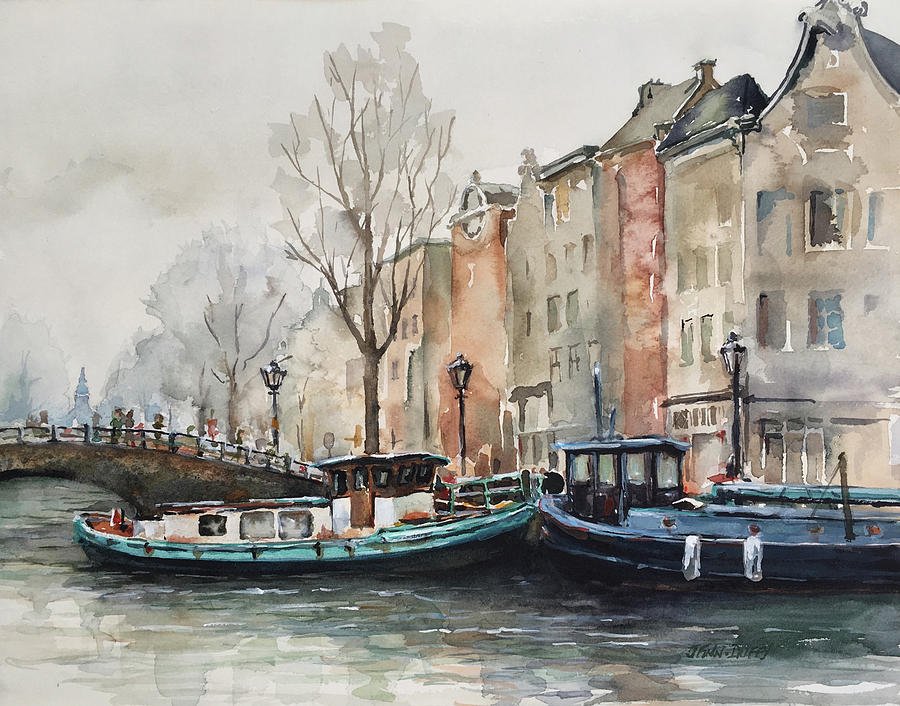 Boat Painting - Amsterdam Canal by Jan Finn-Duffy