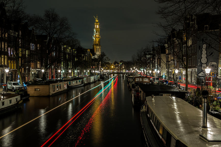 Amsterdam Canal with Boat and Bike Trails Photograph by John Daly