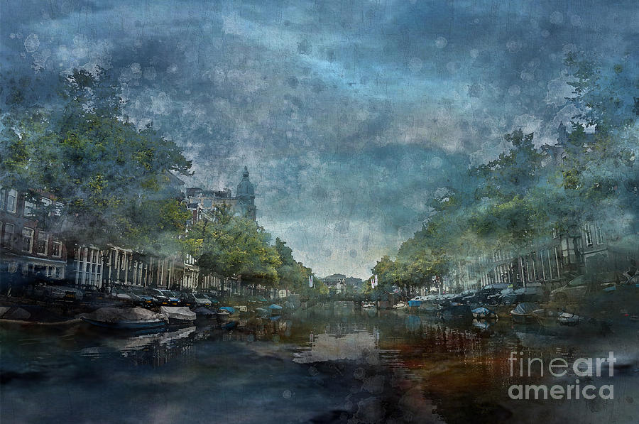 Architecture Digital Art - Amsterdam Canal with Houses and Boats by Barbara Dudzinska