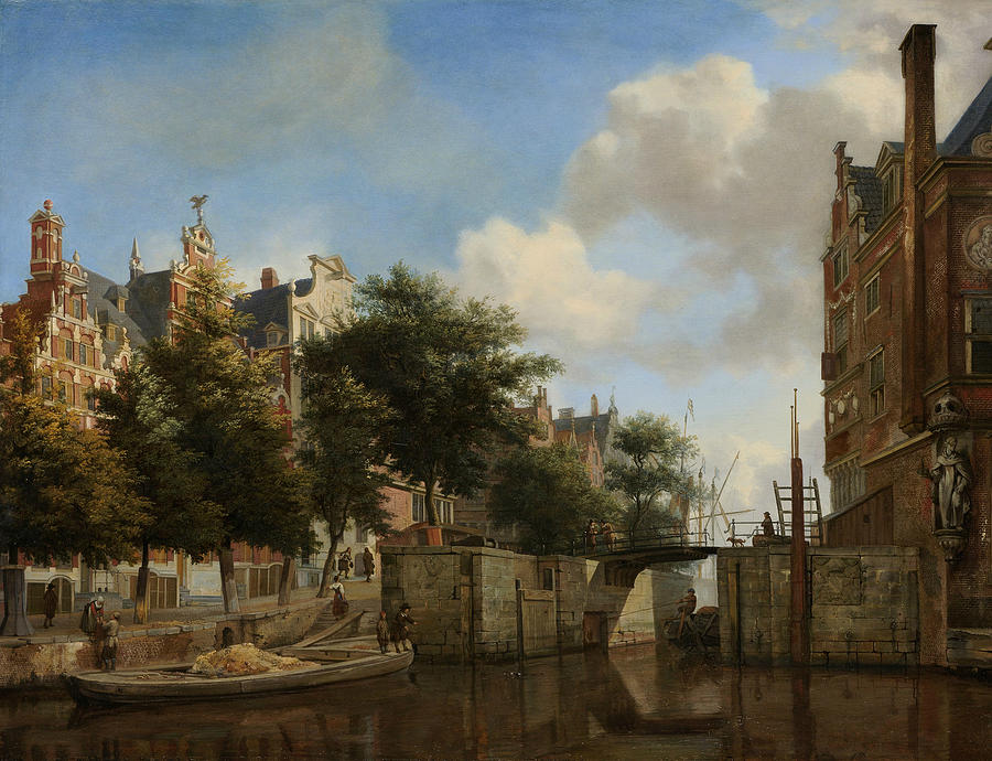 Amsterdam cityscape with houses on the Herengracht Painting by Jan van der Heyden