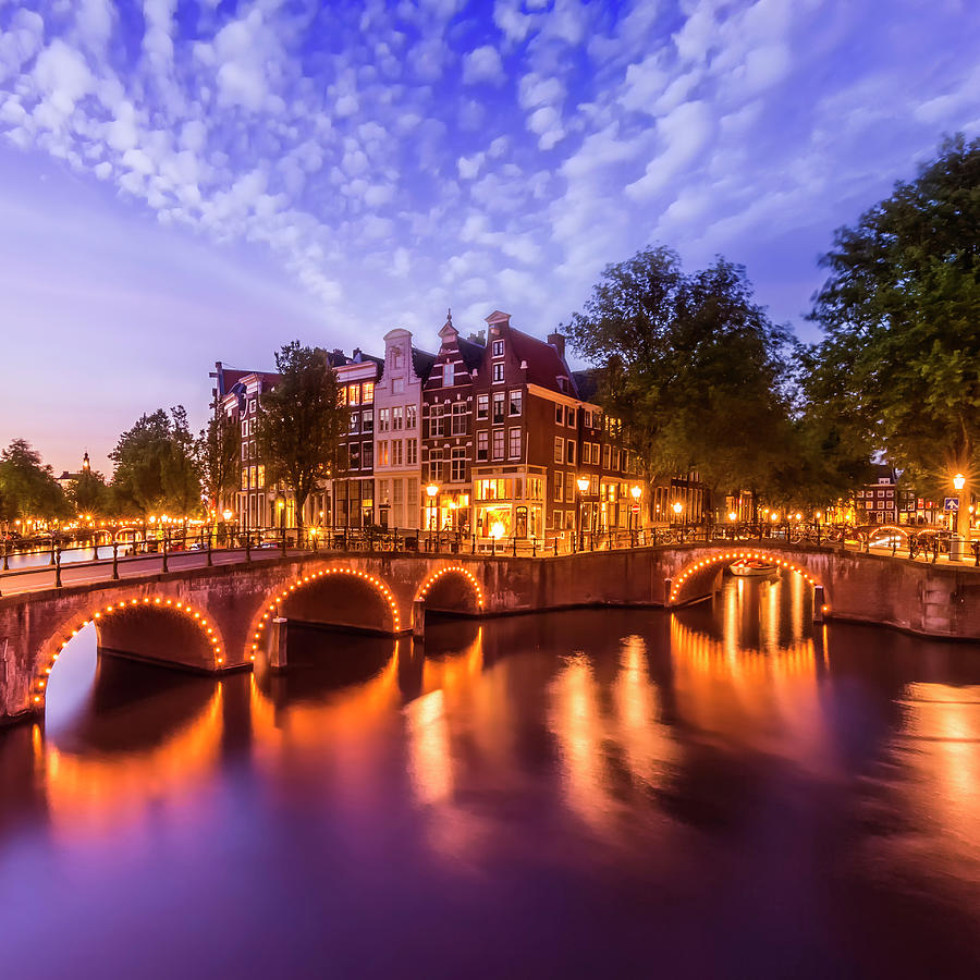 Architecture Photograph - AMSTERDAM Idyllic nightscape from Keizersgracht and Leidsegracht  by Melanie Viola
