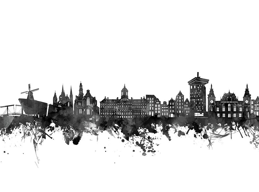 Amsterdam Skyline Black And White Digital Art by Bekim M