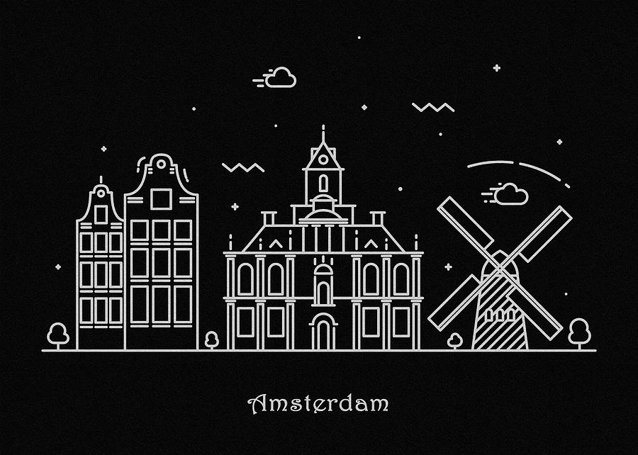 Amsterdam Skyline Travel Poster Drawing by Inspirowl Design