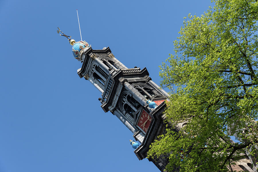 Amsterdam Spring - Blue Crown Westerkerk Bell Tower Above the Trees Photograph by Georgia Mizuleva