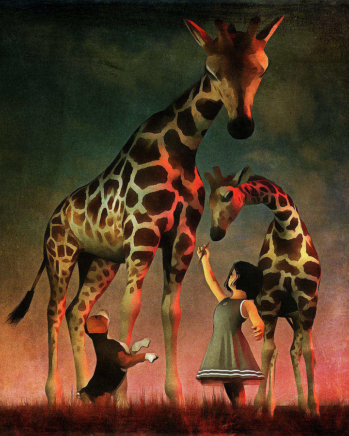 Amy and Buddy with the giraffes Painting by Jan Keteleer