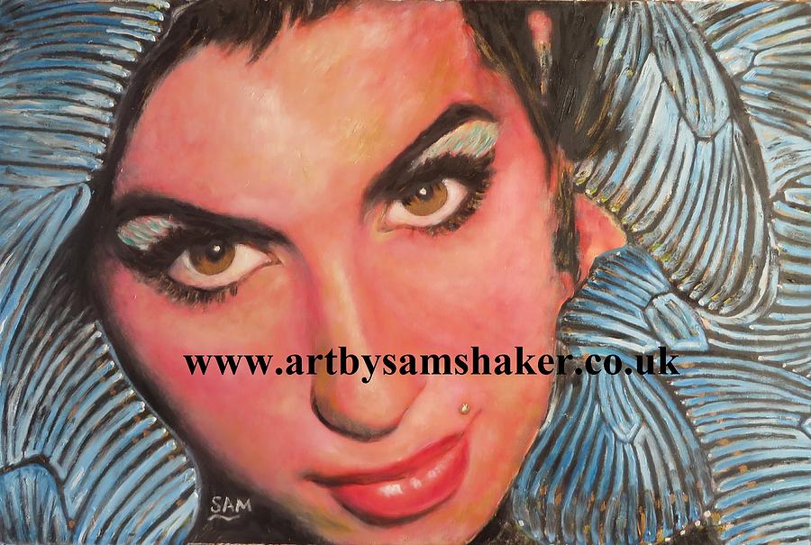 Amy surrounded by blue butterflies  Painting by Sam Shaker