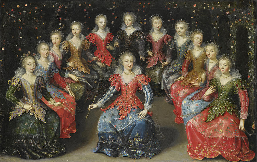 An Allegory of Love?  Twelve Noblewomen seated in a Garden, each holding an Arrow Painting by Attributed to Claude Deruet