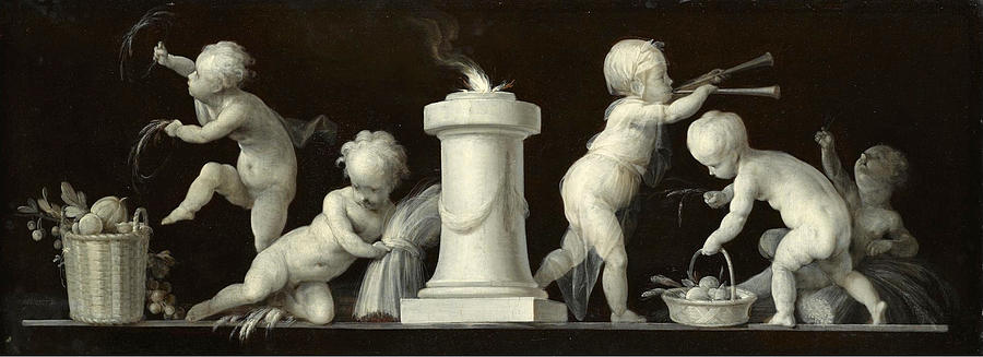 An Allegory of Summer with Putti disporting en Grisaille Painting by Dirk van der Aa