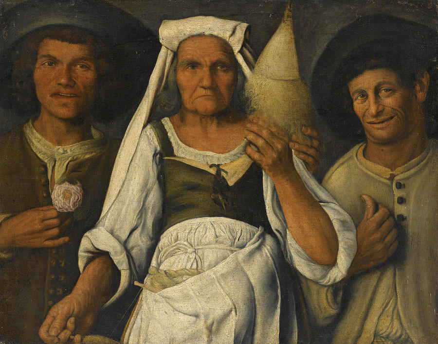 An Allegory with an old Lady spinning flanked by two Male Peasants Painting by Cremonese School