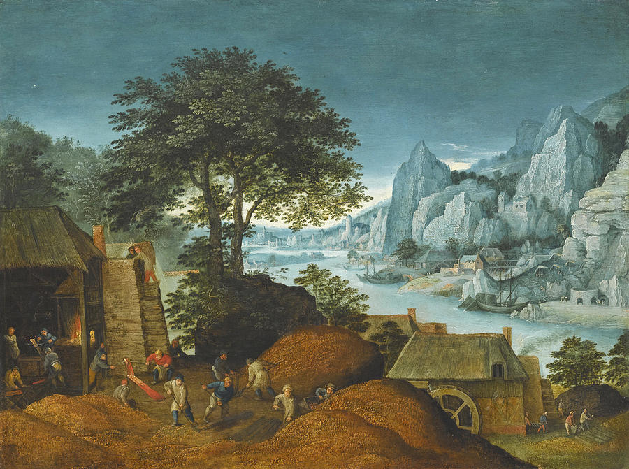 An Alpine Landscape with an Iron Foundry and Blast Painting by Maerten Ryckaert