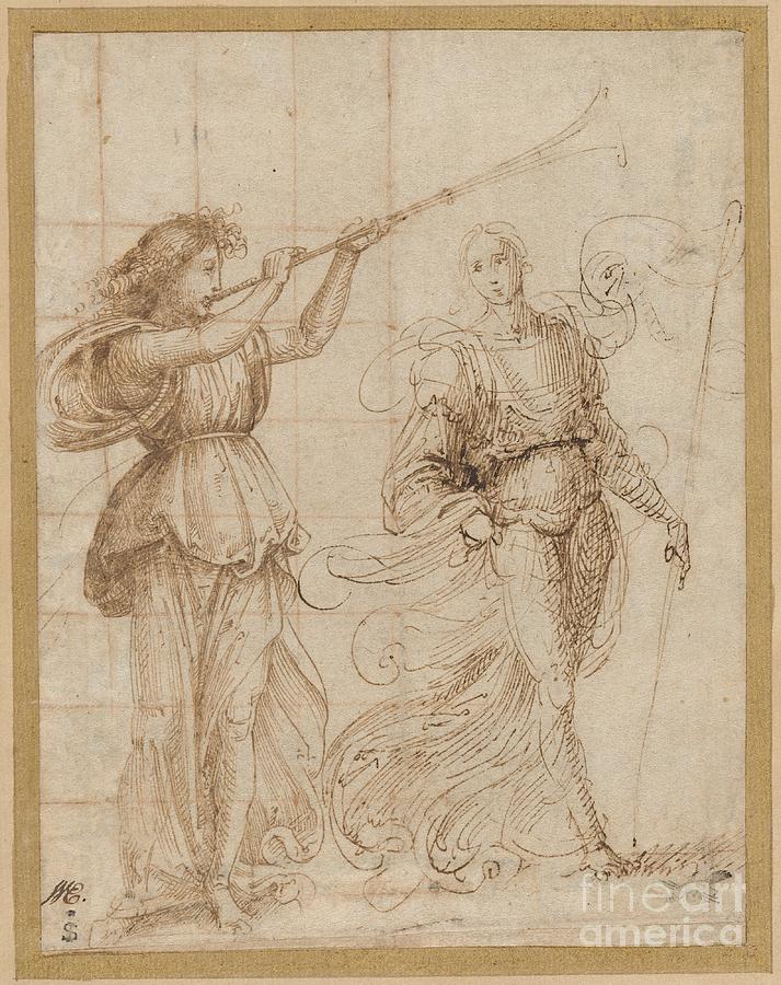 An Angel Blowing A Trumpet, And Another Holding A Standard Drawing by Fra Bartolommeo
