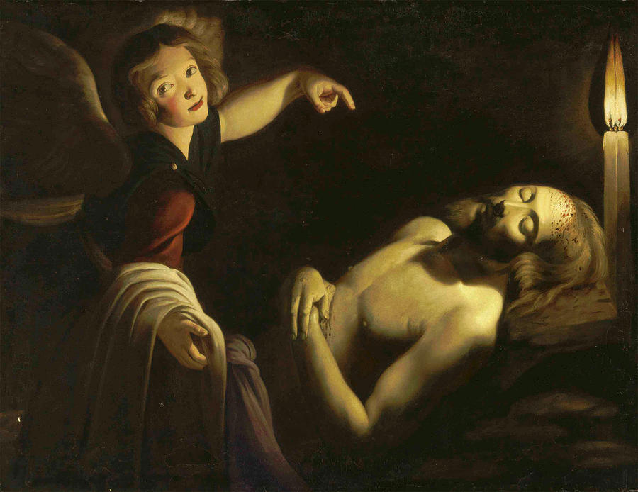 An angel watching over the dead Christ Painting by Trophime Bigot