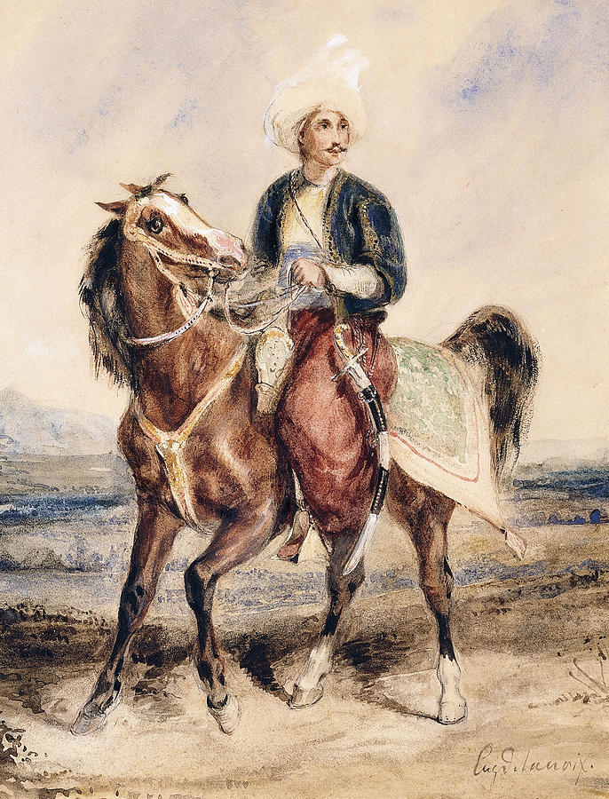 Up Movie Painting - An Arab Warrior on Horseback in a Landscape by Eugene Delacroix
