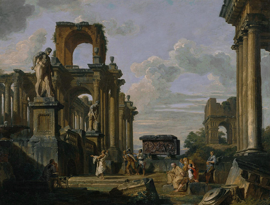 An Architectural Capriccio of the Roman Forum with Philosophers and Soldiers Painting by Giovanni Paolo Panini