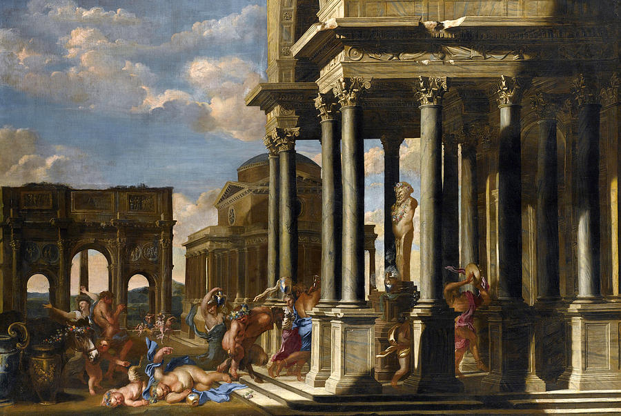 An Architectural Capriccio with a Bacchanalian Procession Painting by Giovanni Benedetto Castiglione