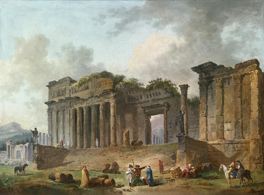 An Architectural Capriccio with an Artist Sketching in the Foreground Painting by Hubert Robert