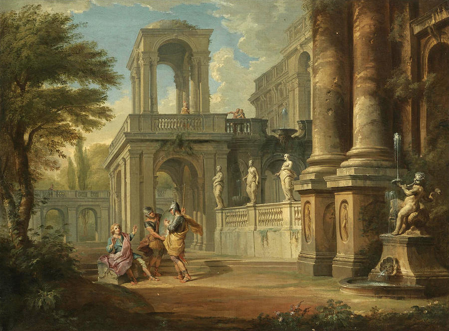 An architectural capriccio with two soldiers addreseing a young man figures on a balcony beyond Painting by Giovanni Paolo Panini