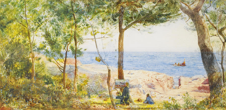 An Artist Painting by the Sea. Mediterranean Coastal Scene Drawing by John William Inchbold