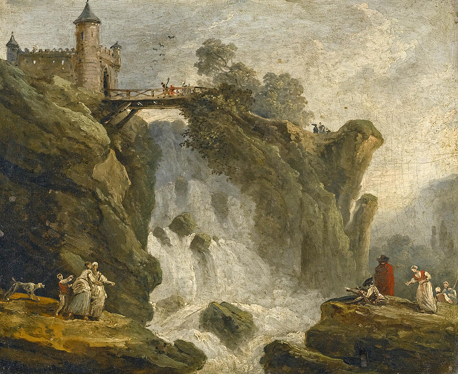 An Artist sketching with other Figures beneath a Waterfall Painting by Hubert Robert