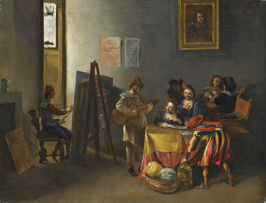 Michelangelo Cerquozzi Painting - An artists studio with models sitting for a genre painting or an allegory of the five senses by Michelangelo Cerquozzi