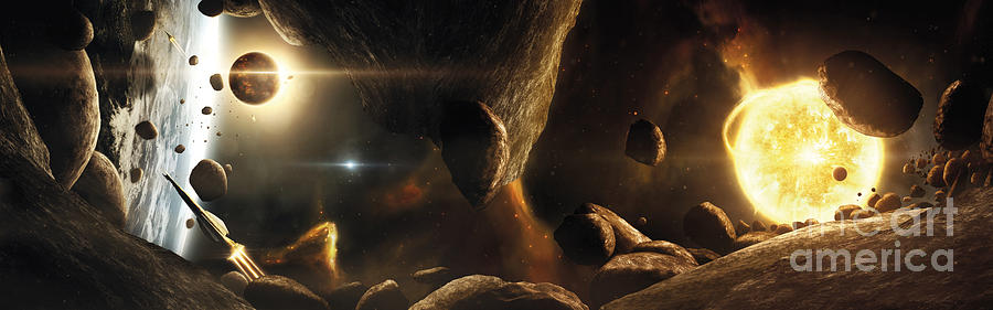 An Asteroid Field Next To An Earth-like Digital Art