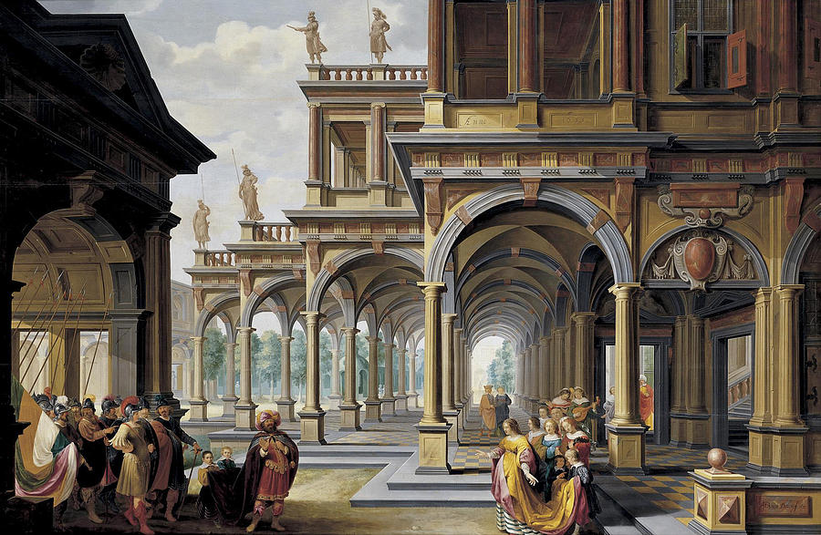An Elaborate Architectural Capriccio with Jephthah and his Daughter Painting by Dirck van Delen