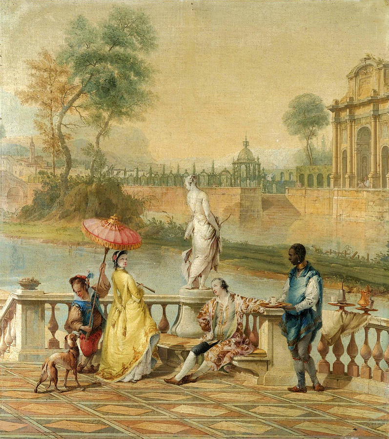 Beautiful Painting - An Elegant Company on a Classical Terrace a View of a Church and a Cemetery Beyond by Francesco Battaglioli
